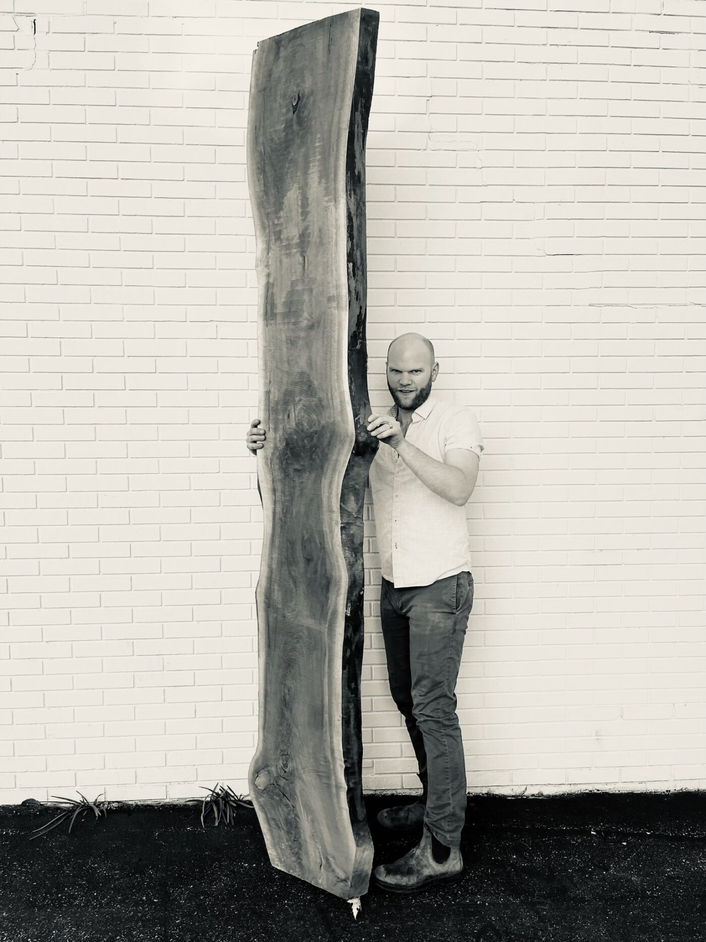 Person, Caleb Sisco, holding a towering black walnut slab. black-and-white image.