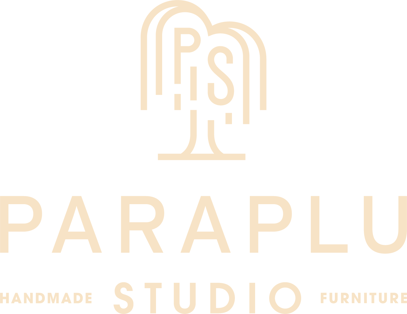 Paraplu Studio logo. Abstract line drawing of a tree that contains the letters P and S within it. The words "paraplu studio" are below the tree and the words "hand made furniture" surround the company name.